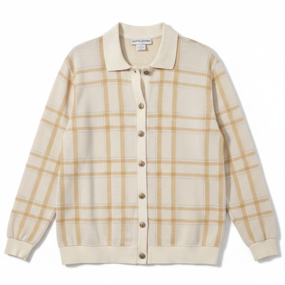 Cathy Daniels Cream Gold Plaid Metallic Button Front Polo, Womens Large Cardigan
